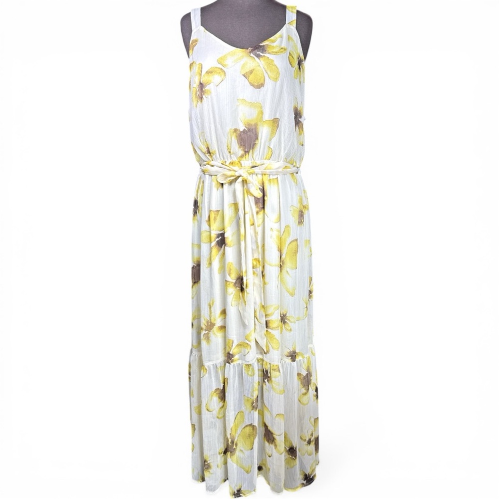 Simply Vera Vera Wang Floral Maxi Dress Yellow White Sleeveless Belted XL